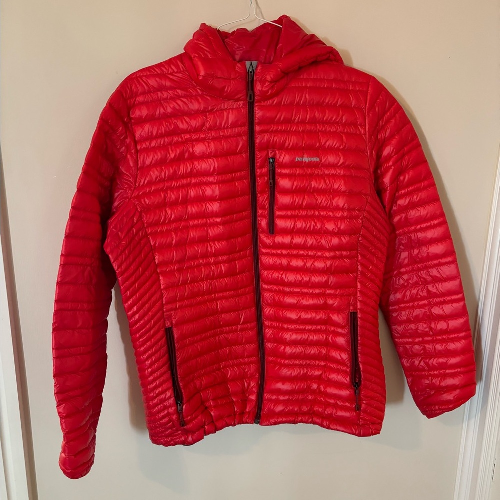 red Patagonia down sweater hoodie